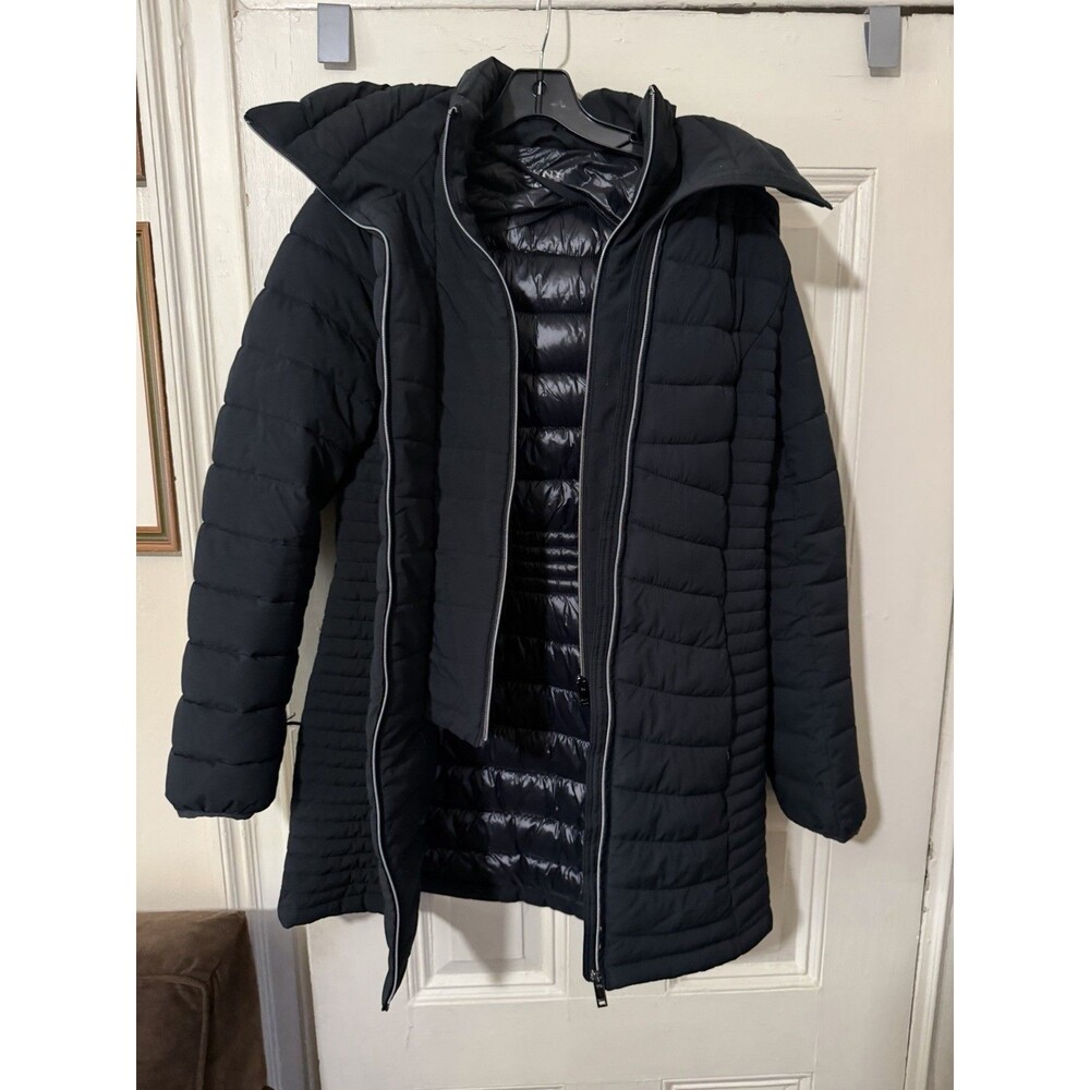 DKNY Women’s Medium Black Packable Puffer Coat Hooded Double Zip Long Jacket